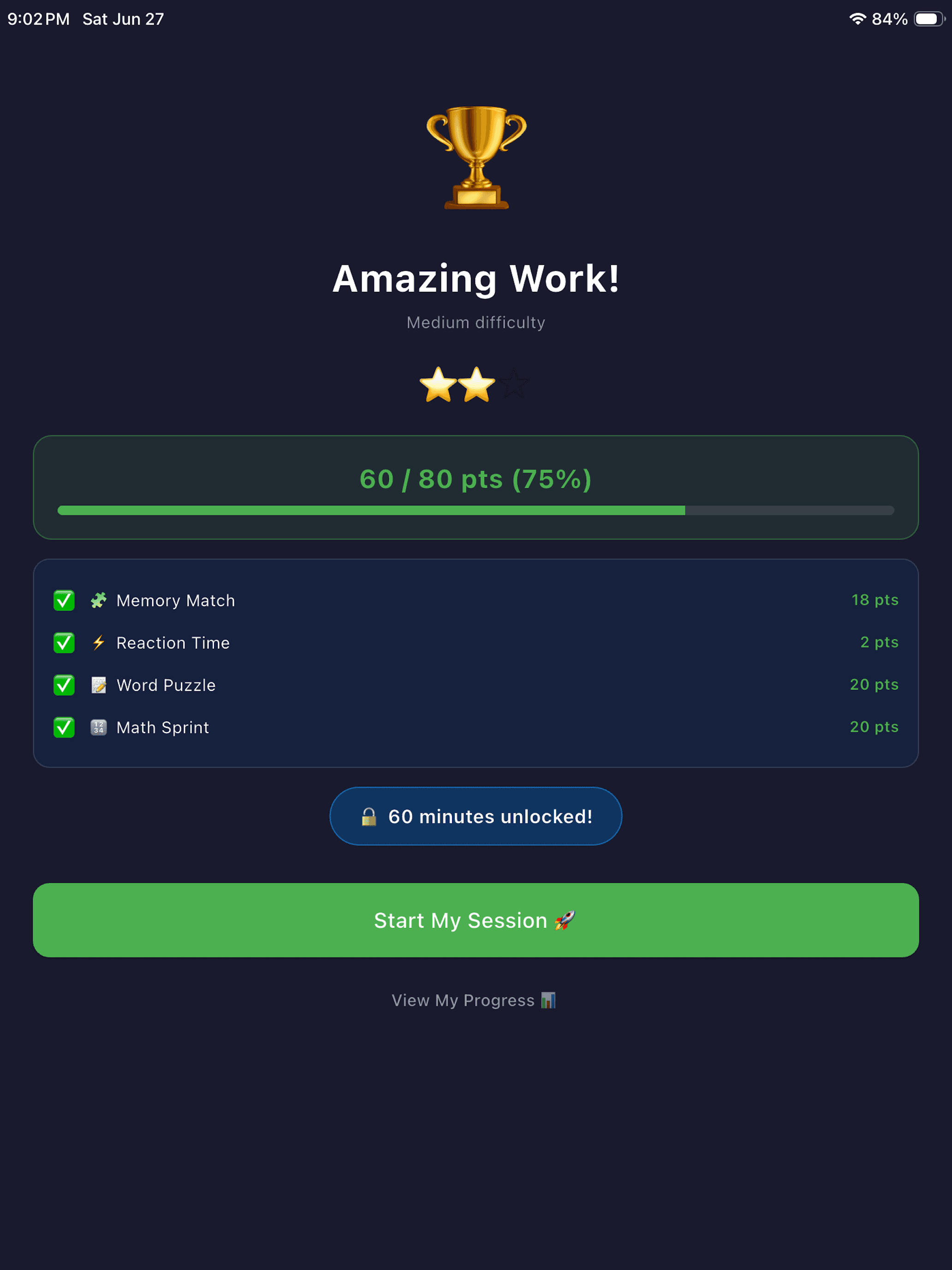 Amazing Work screen showing 60 minutes of screen time unlocked